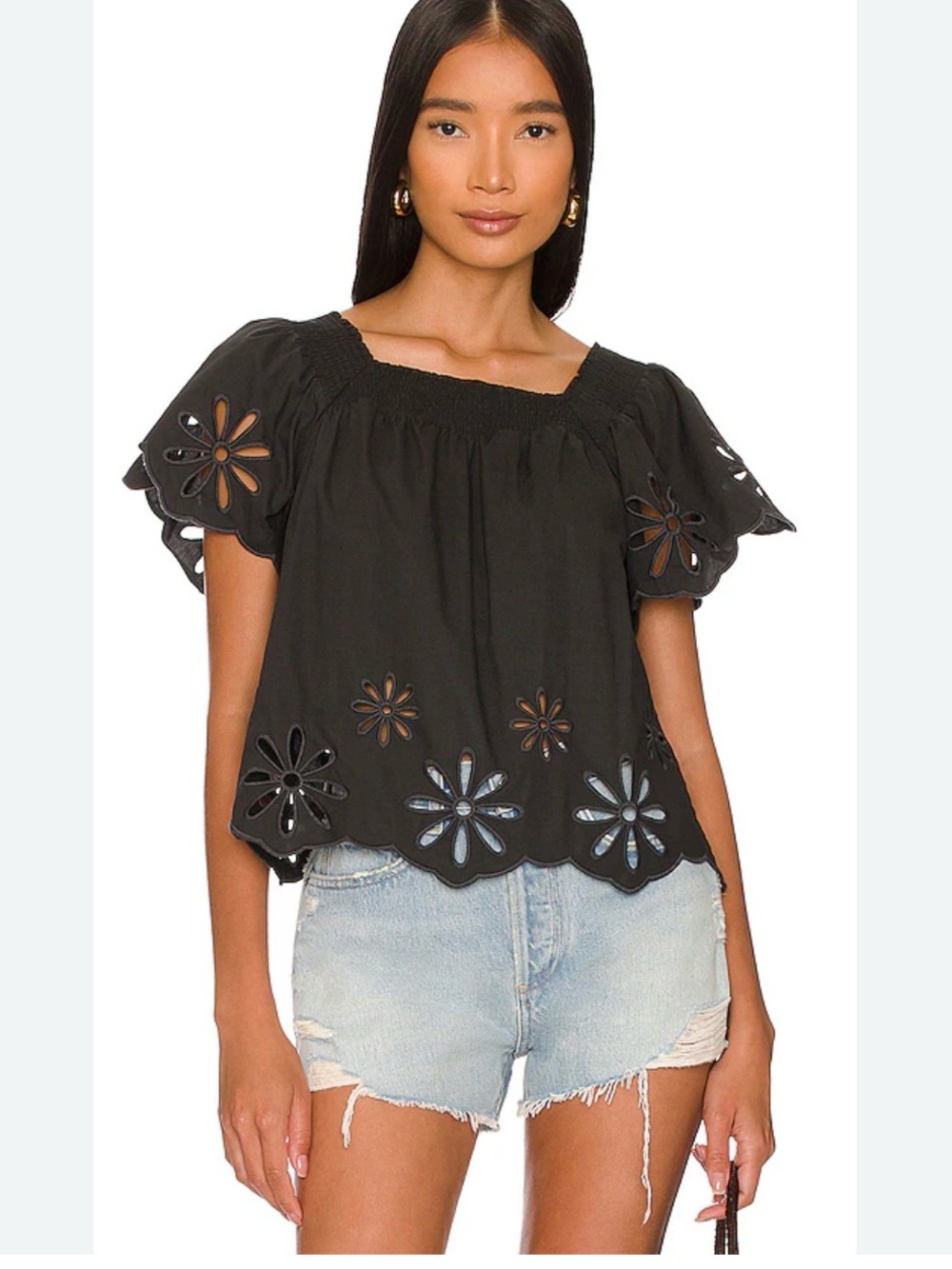 Rails Sonora Black Eyelet Floral Blouse Medium Organic Cotton TENCEL Puff Sleeve